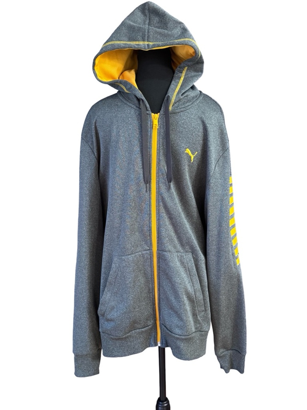 Puma Gray Zip Up Hoodie Mens XXL Yellow Logo WarmCell Athletic Casual Sporty Fit
